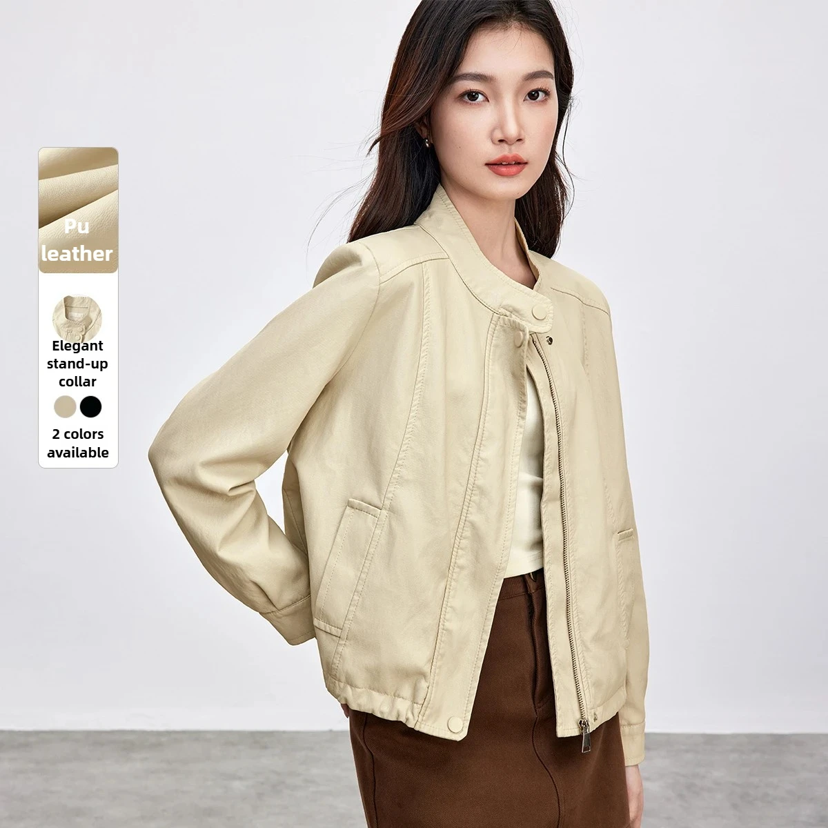 سترة نسائية قصيرة من جلد البولي يوريثان من SENTUBILA لخريف 2025 بياقة واقفة ورباط وخصر وسحاب أمامي على الطراز الحضري ملابس خارجية W53GA3040 #1