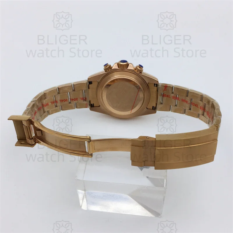 BLIGER jam tangan pria kristal safir 39mm, arloji bisnis kronograf kuarsa emas mawar modis mewah Dial hitam bercahaya gerakan VK63