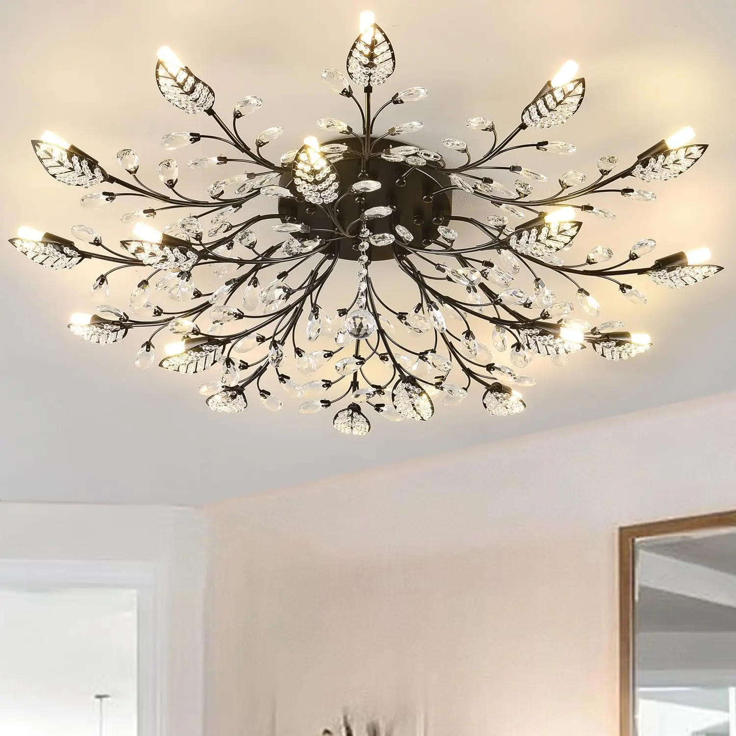 

Modern crystal chandelier, semi-embedded chandelier, crystal leaf chandelier, suitable for dining room, living room, bedroom.