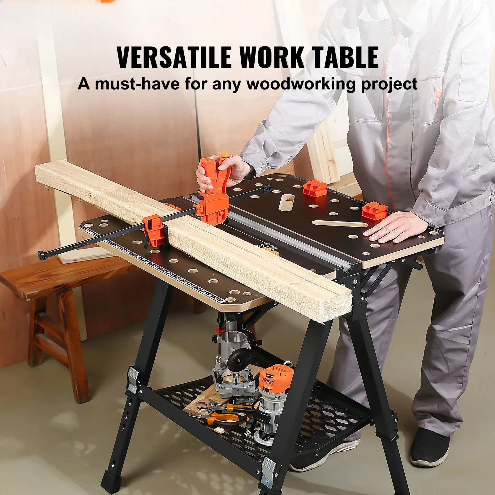 Folding Work Table 7-Level Height Adjustment Workbench Sawhorse With Versatile Clamping System For DIY Woodworking Use