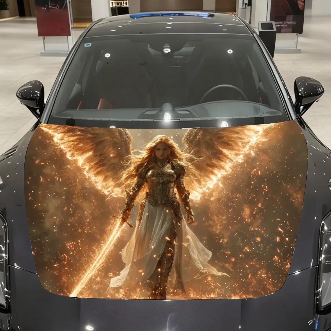 

Flame Wings Female Warrior Car Hood Stickers, Decorative Car Packaging Paper, Bold Designs, Halloween Decorations, Car Parts Acc