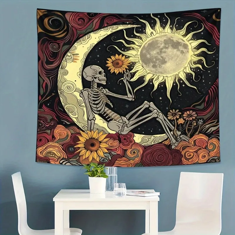 1 pieza  tapicería  esqueleto y sol/luna - Diseño floral y celestial vibrante, colgante  pared  poliéster para sala  e