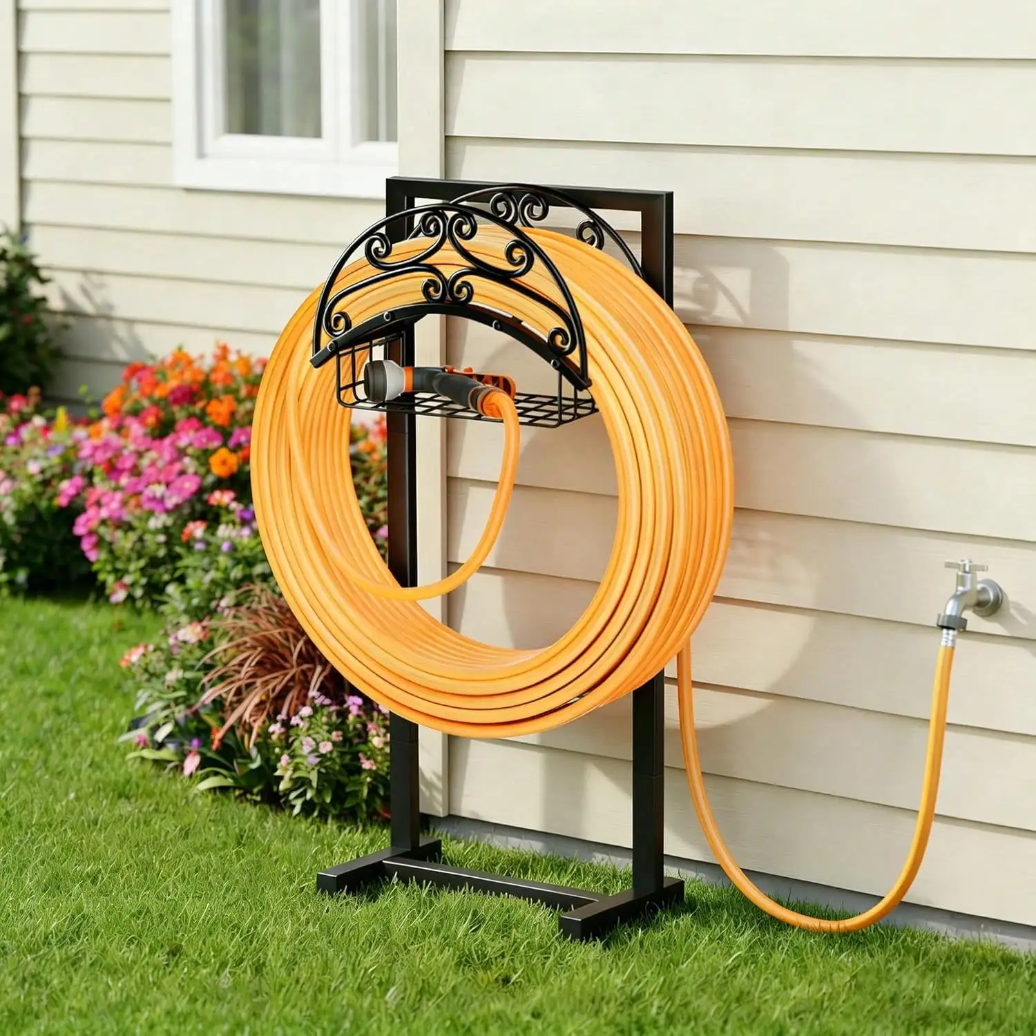 Upgraded Freestanding Garden Hose Holder Stand with Storage Basket, Holds 151ft, Heavy Duty Metal Hanger for Outdoor Yard