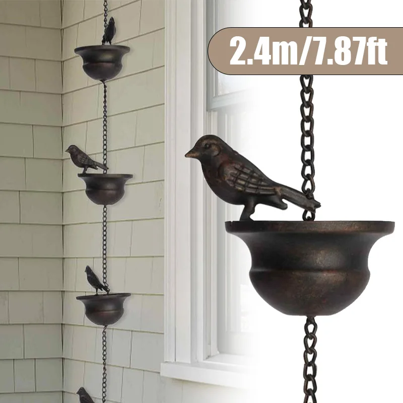 Chain Rain Creative Birds On Cups Metal Rain Catcher Gutter Roof Rainwater Catcher Chain Drainage Downspout Tool Outdoor Decor