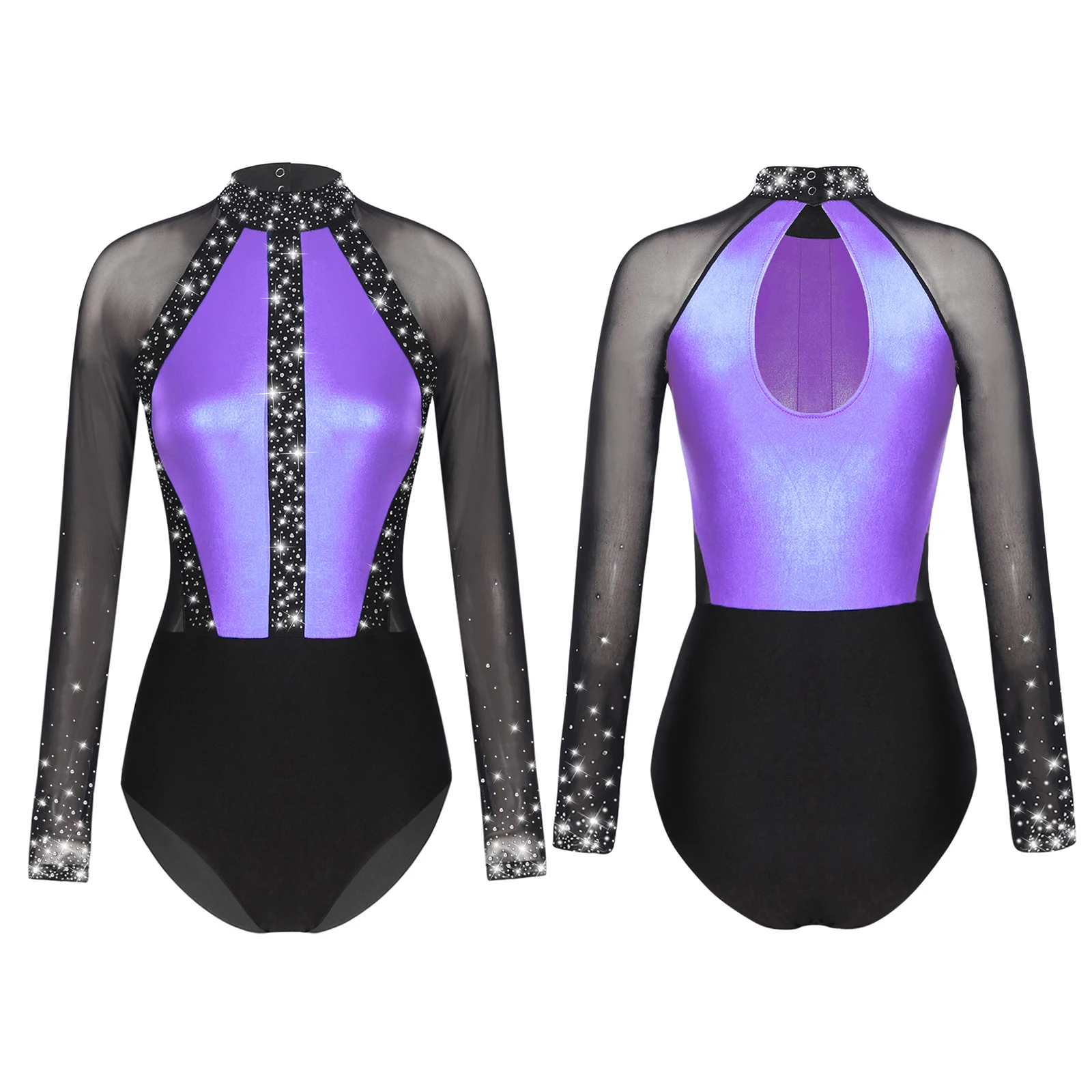 Dames Kleur Blok Dance Turnpakje Strass Patchwork Sleutelgat Rug Doorschijnende Mesh Bodysuit Voor Gymnastiek Kunstschaatsen