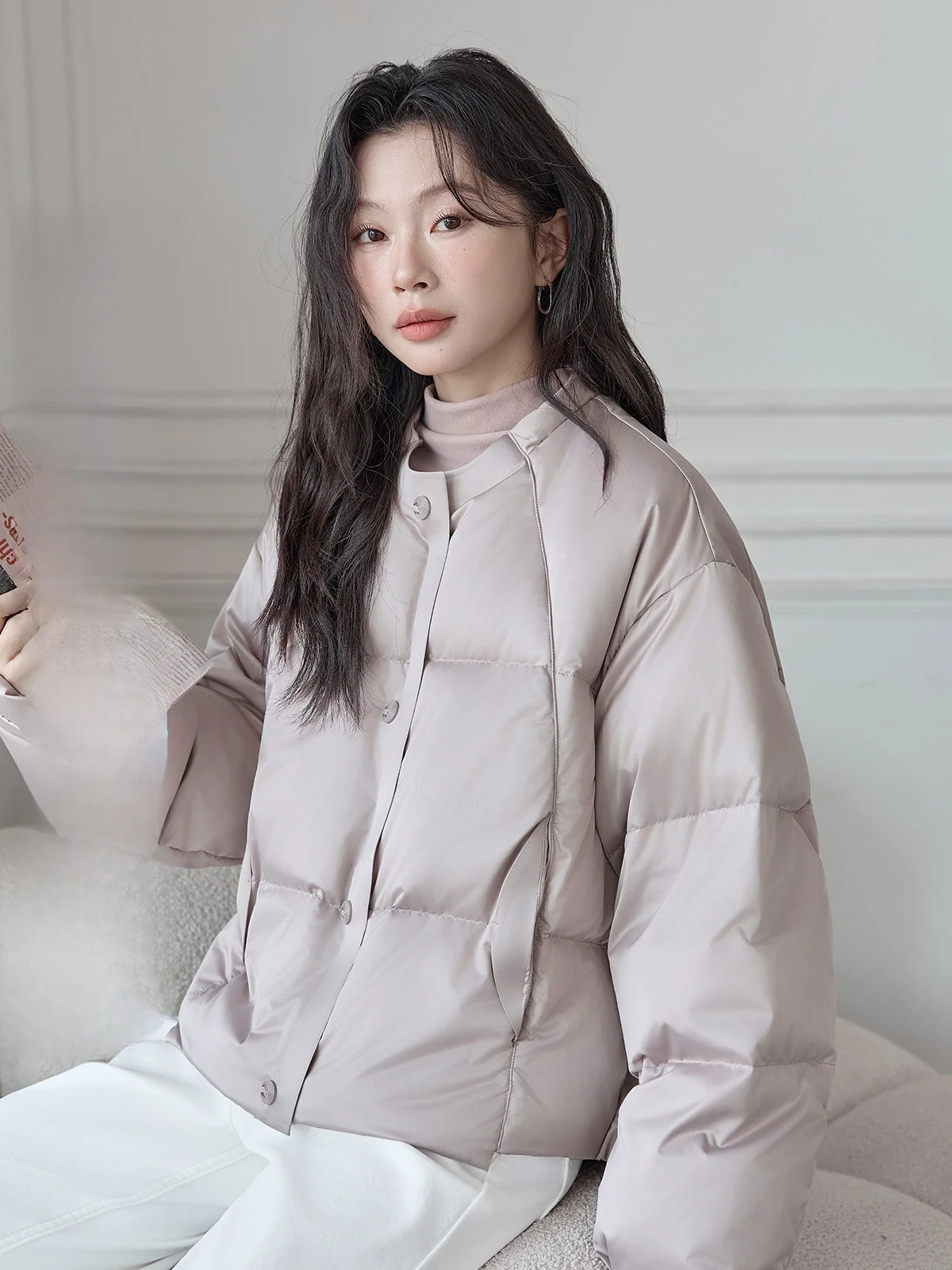 

HuiXi Silk Face 90 White Du down Jaet Women's Winter New Sle High Sensation Warm Outerwear Long Sve round Ne Coat