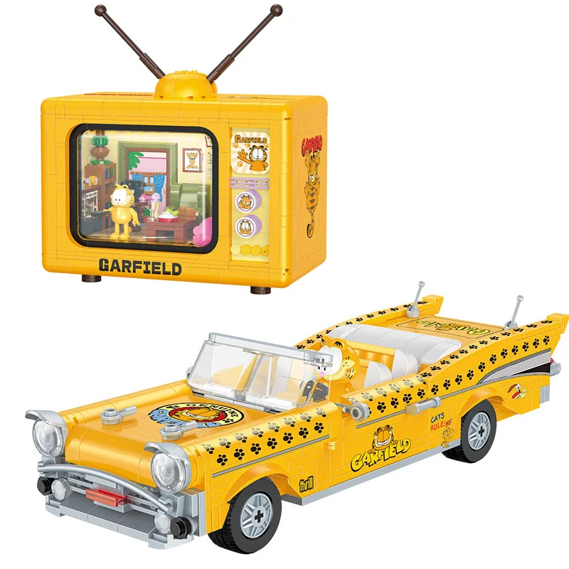 Balody-Garfield Cat Mini Building Blocks, modelo de coche abierto, MOC TV House, figura de ladrillo, juguetes para regalo de Navidad