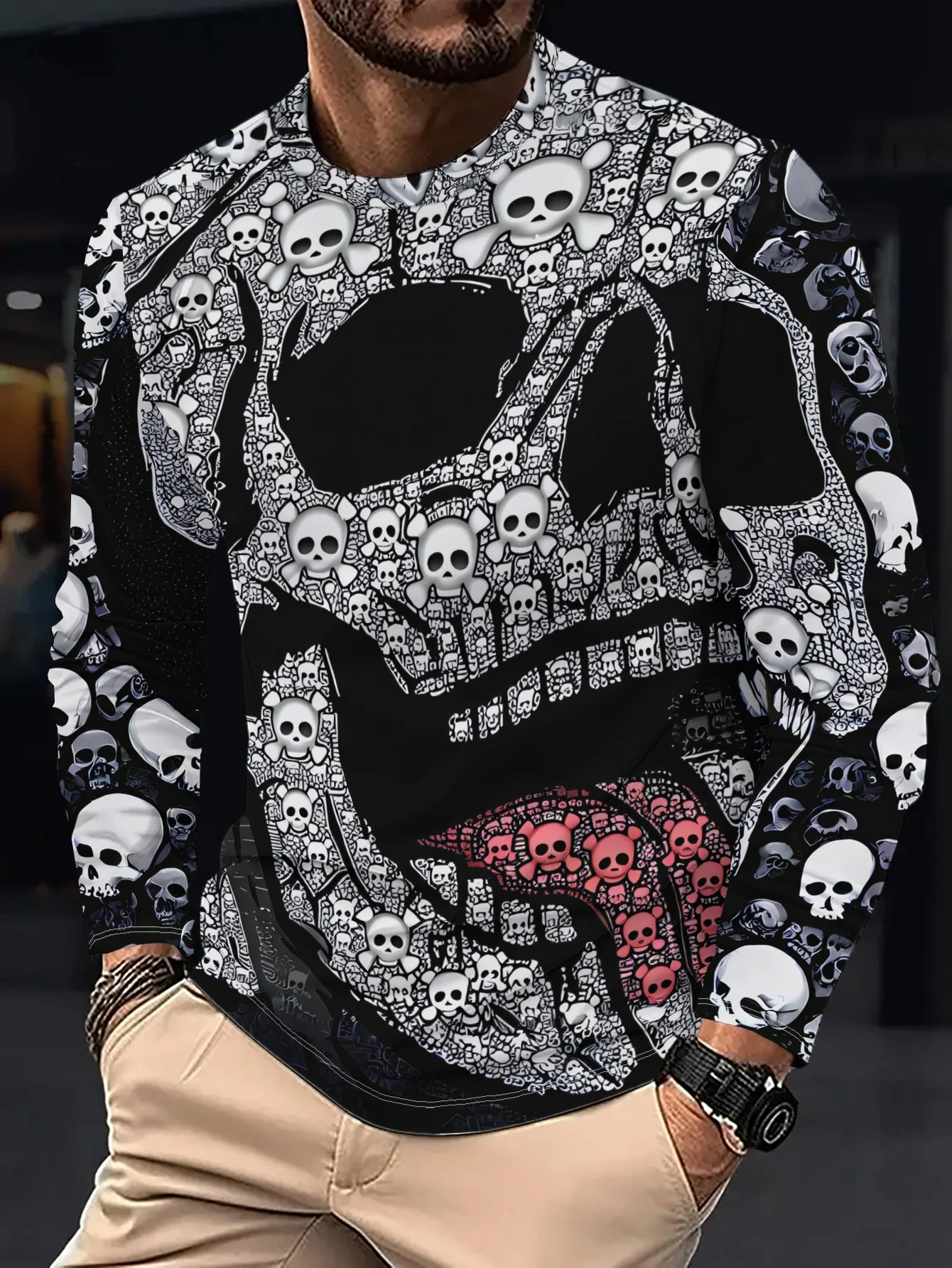 2026 new hot selling autumn and winter men's 3D skull full print quick drying breathable casual O-neck Gothic dark style street