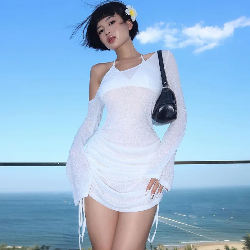 "Zeyla 2025 Robe de plage transparente printemps été - Robe moulante découpée à col asymétrique Tenue de vacances sexy à fente haute"