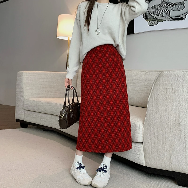 Plaid Print Skirts for Woman High Waist Long Skirt Woman Autumn and Winter Women's Skirts Streetwear A line Midi Skirt