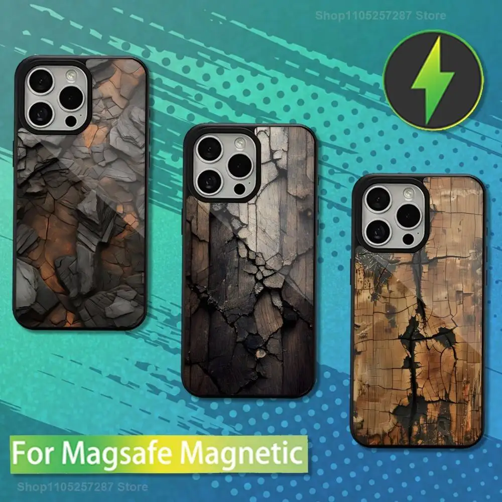 

Scorched Style Wood Grain Case For iPhone Mini,13,Max,17,14,Plus,12,11,15,Pro,16,For Magsafe,Magnetic Wireless Charging