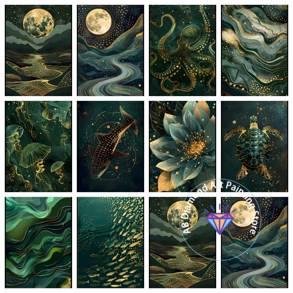 

Shark Octopus Turtle Jellyfish AB Diamond Painting Kit Square Round Diamond 5D DIY Marine Wildlife Mosaic Handmade Art Gift