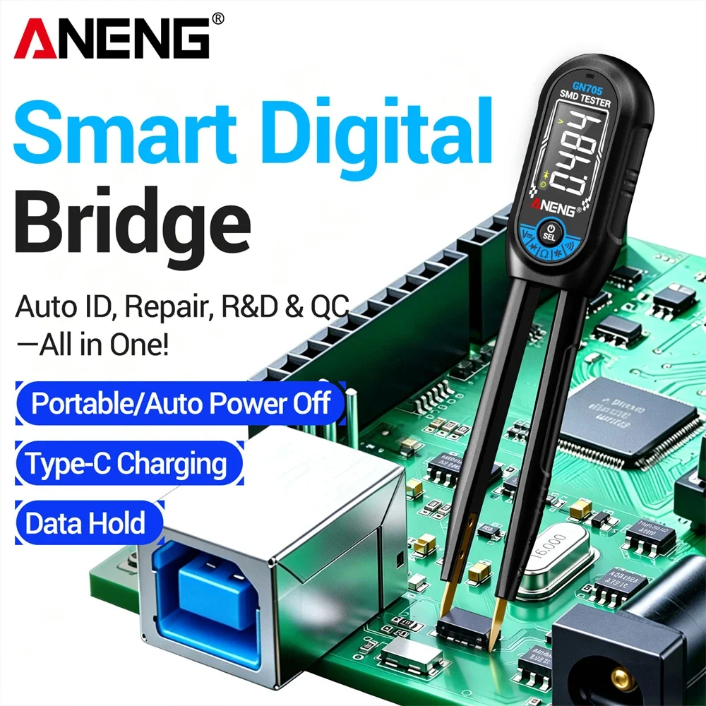 Mini Smart Tweezer SMD Tester Rechargeable Digital Resistance Capacitance DC Voltage Auto Measurement Diode Tester ANENG GN705