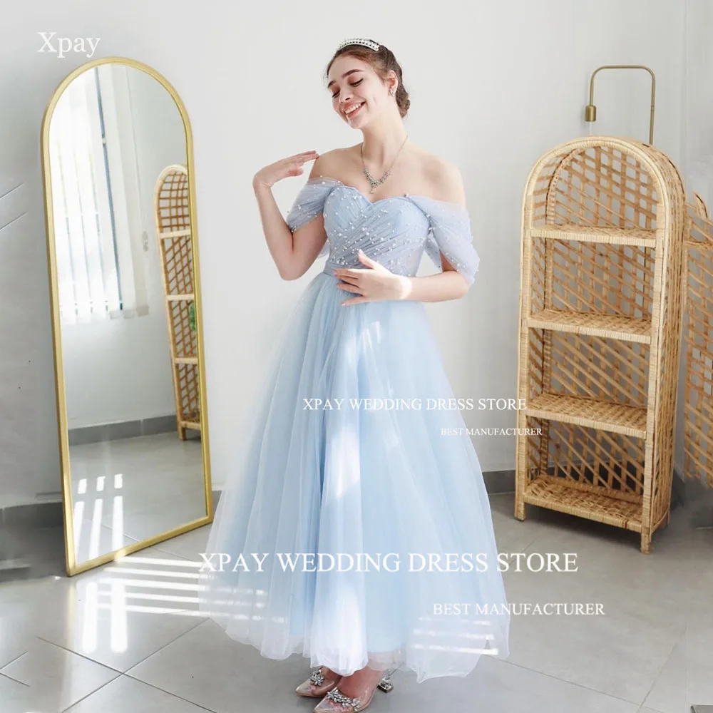 

XPAY Sweetheart Off The Shoulder Tulle Evening Dresses Pearls Pleat Prom Gown Elegant Sky Blue Floor Length Formal Party Dress