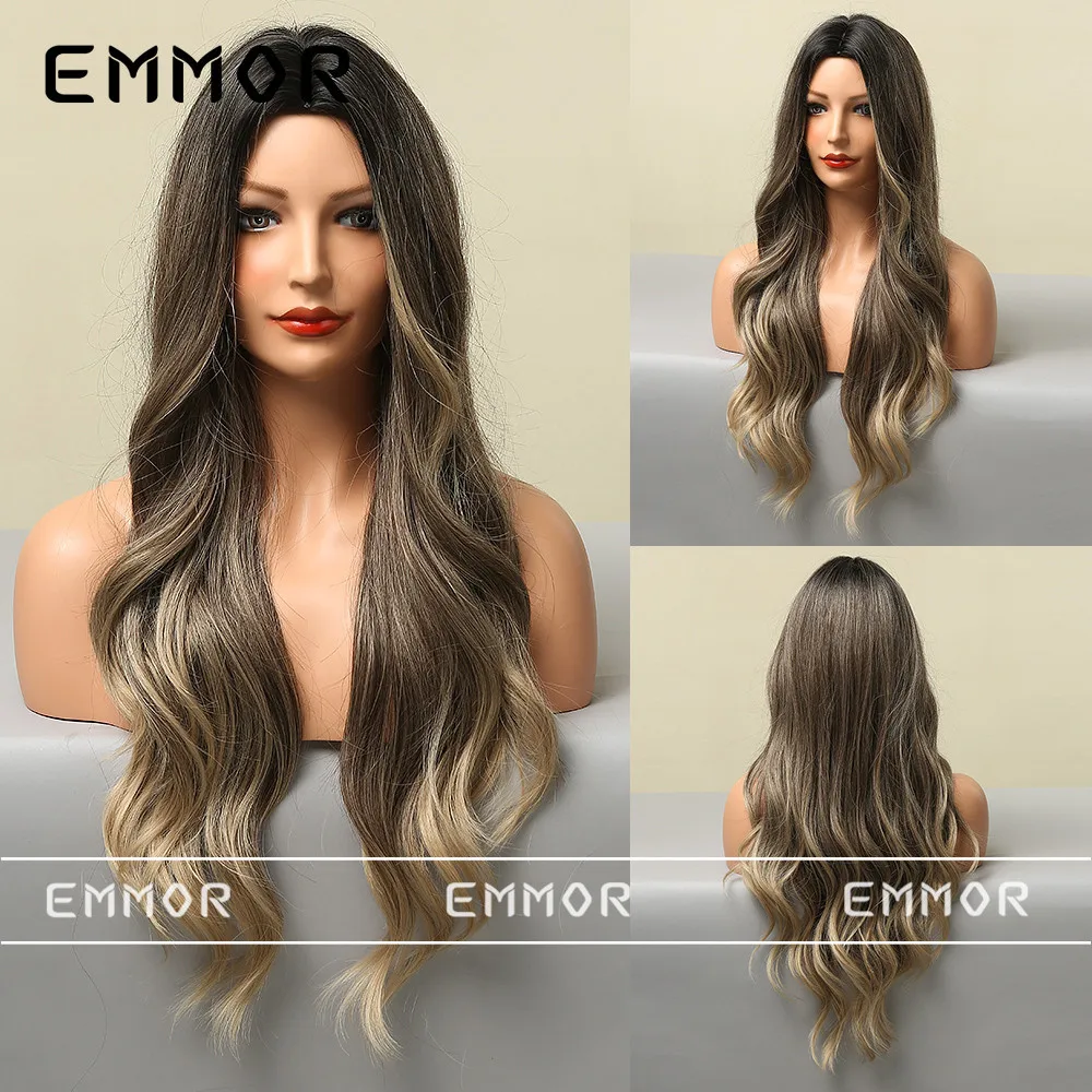 European American Fashion Women Full Wig, Middle Part Gradient Dark Brown Long Big Wavy Curly Wig, Easy To Style