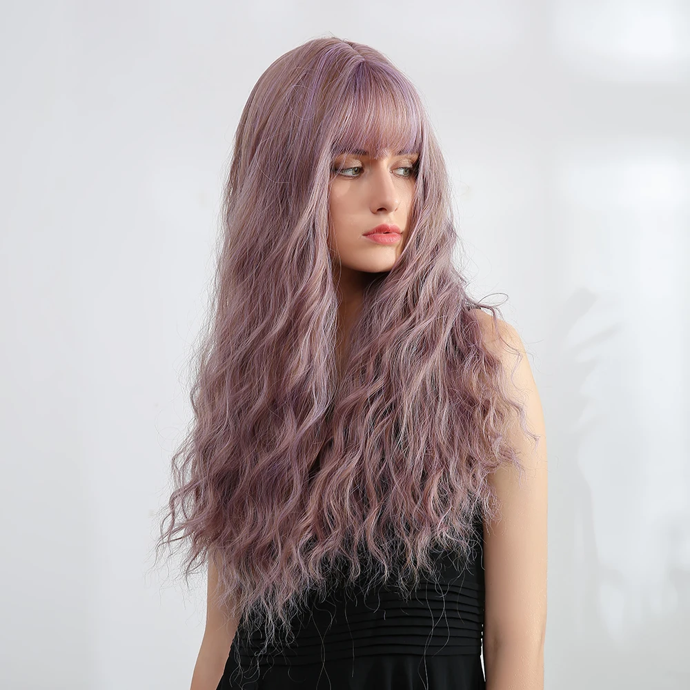 

Blue Purple Ombre Long Wavy Cosplay Wig with Bangs Heat Resist Synthetic Hair Women Party wig