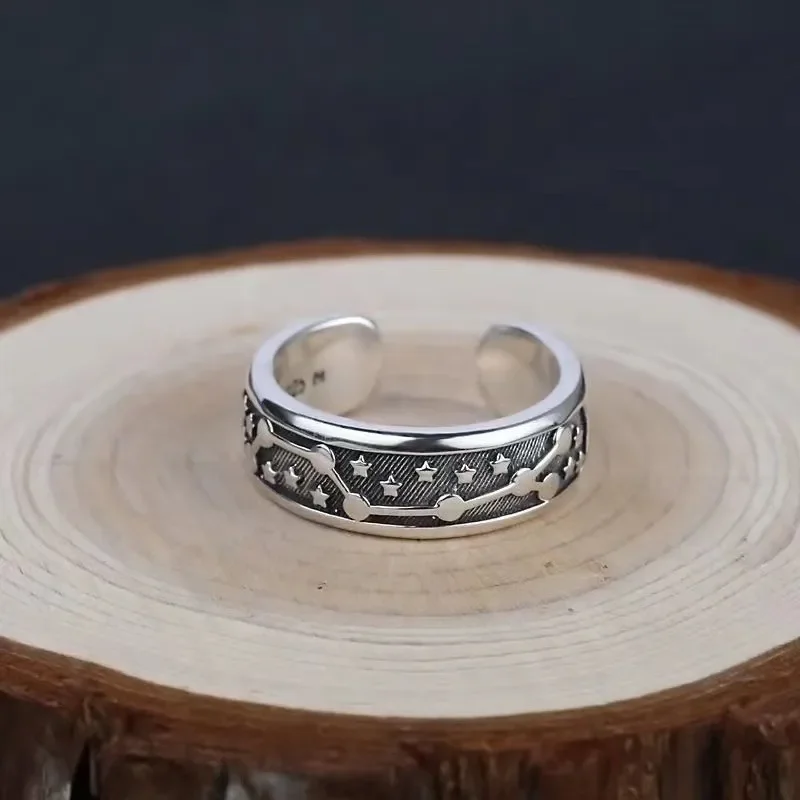 Vintage Big Dipper Seven Star Ring Men Cold Wind Open Ring Fashion Imitation Thai Silver Star Index Finger Ring Jewelry