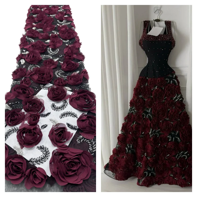 

France Luxury 3D Flower Embroidery Lace Fabric 2026 Africa Sequin Beaded Lace Fabric for Bridal Wedding Dress Sewing