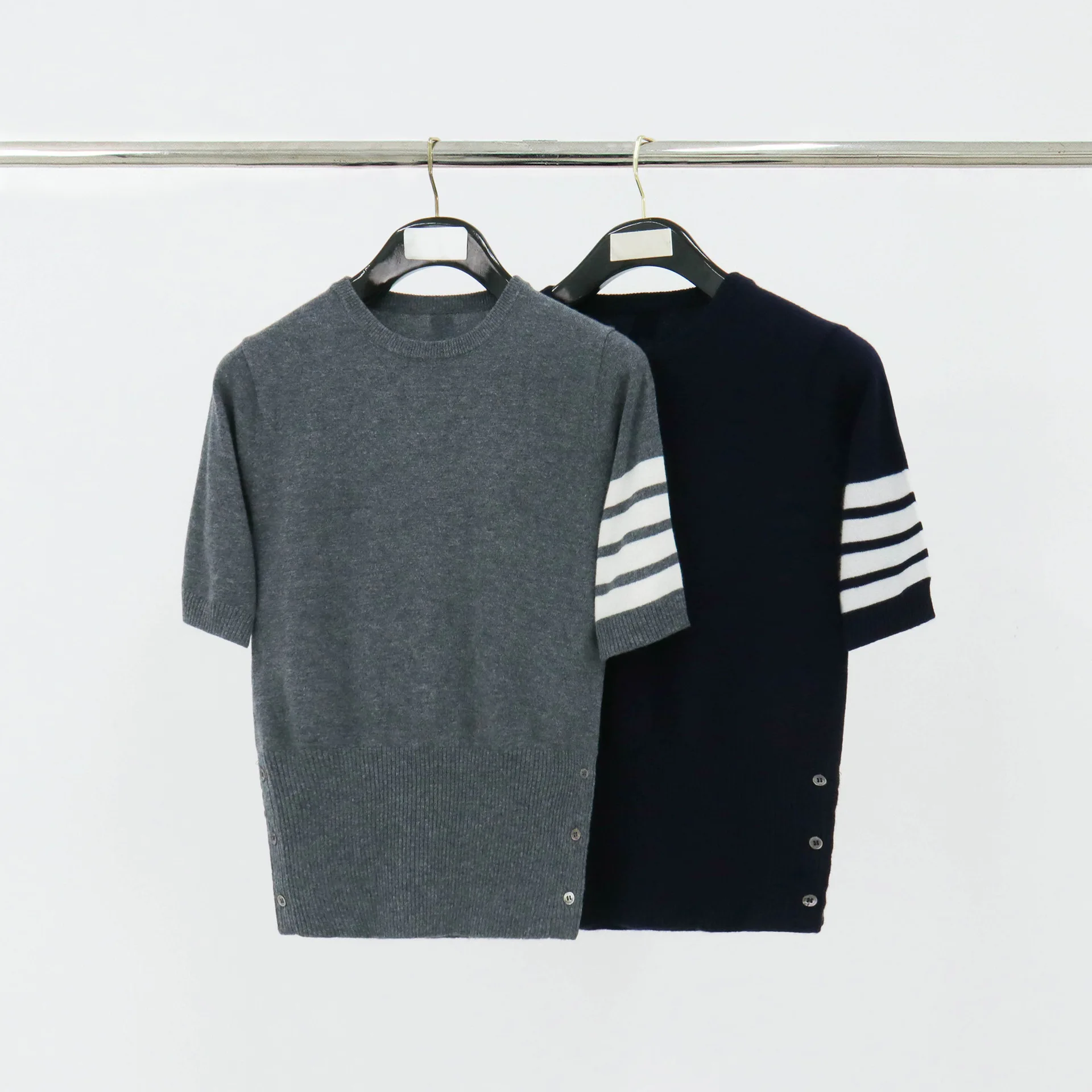 

High Quality Wool Knitted Short Sleeve Women's Summer Slim Fit round Neck Casual Striped Top Soft Cashmere Knitwear