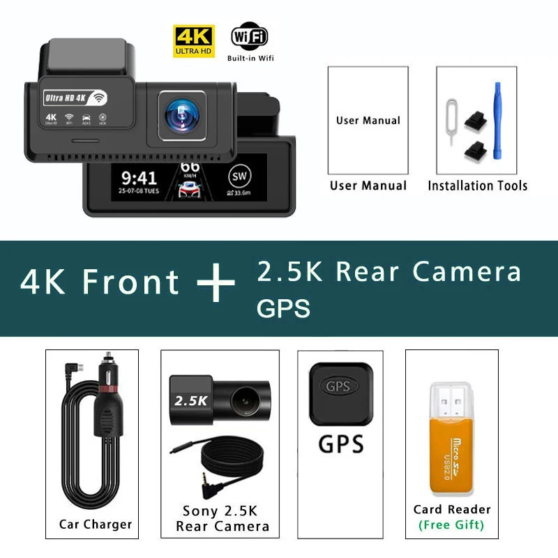 Ultra HD 4K Auto Dashcam, voor- en achtercamera (2.5K), mini WIFI DVR, Black Box, met 24 uur parkeerbewaking, nachtzicht, GPS/achteruitrijcamera