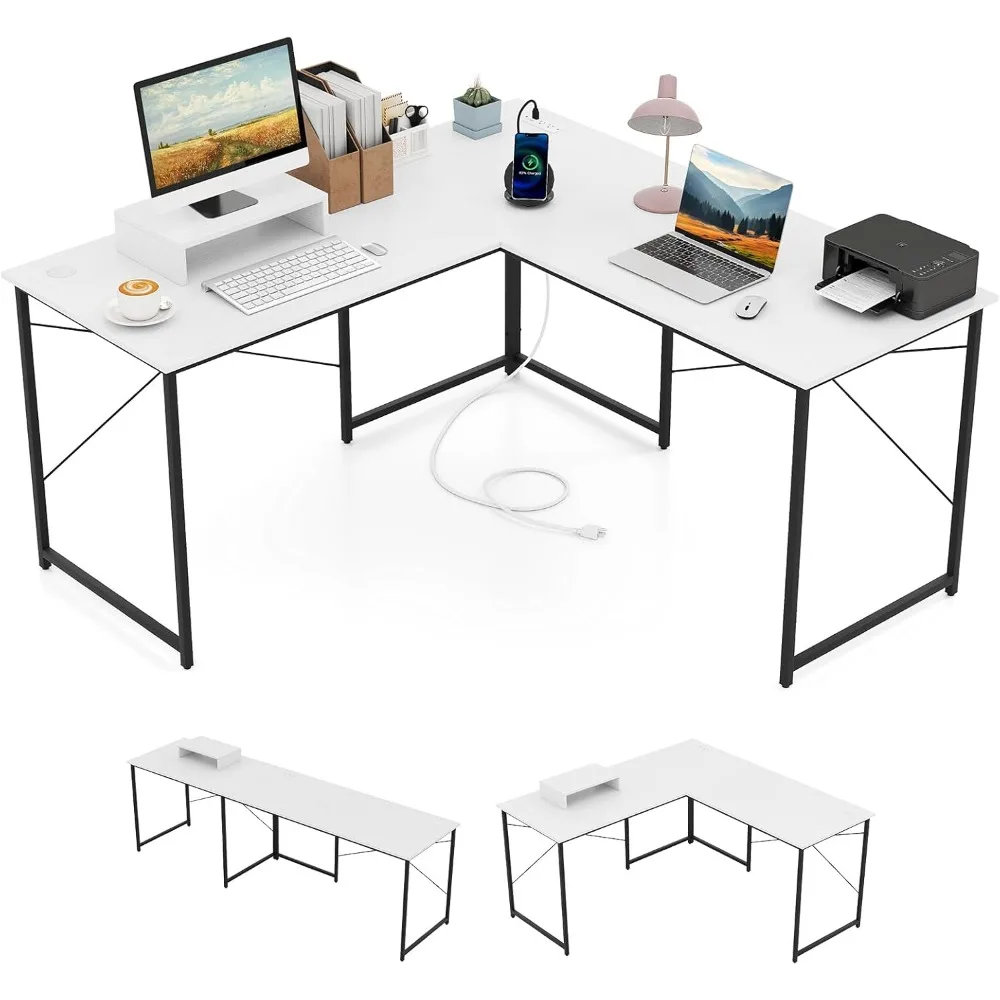 

L-shaped computer desk with power outlet, 95 inch long 2-person desk with monitor stand, modern corner table