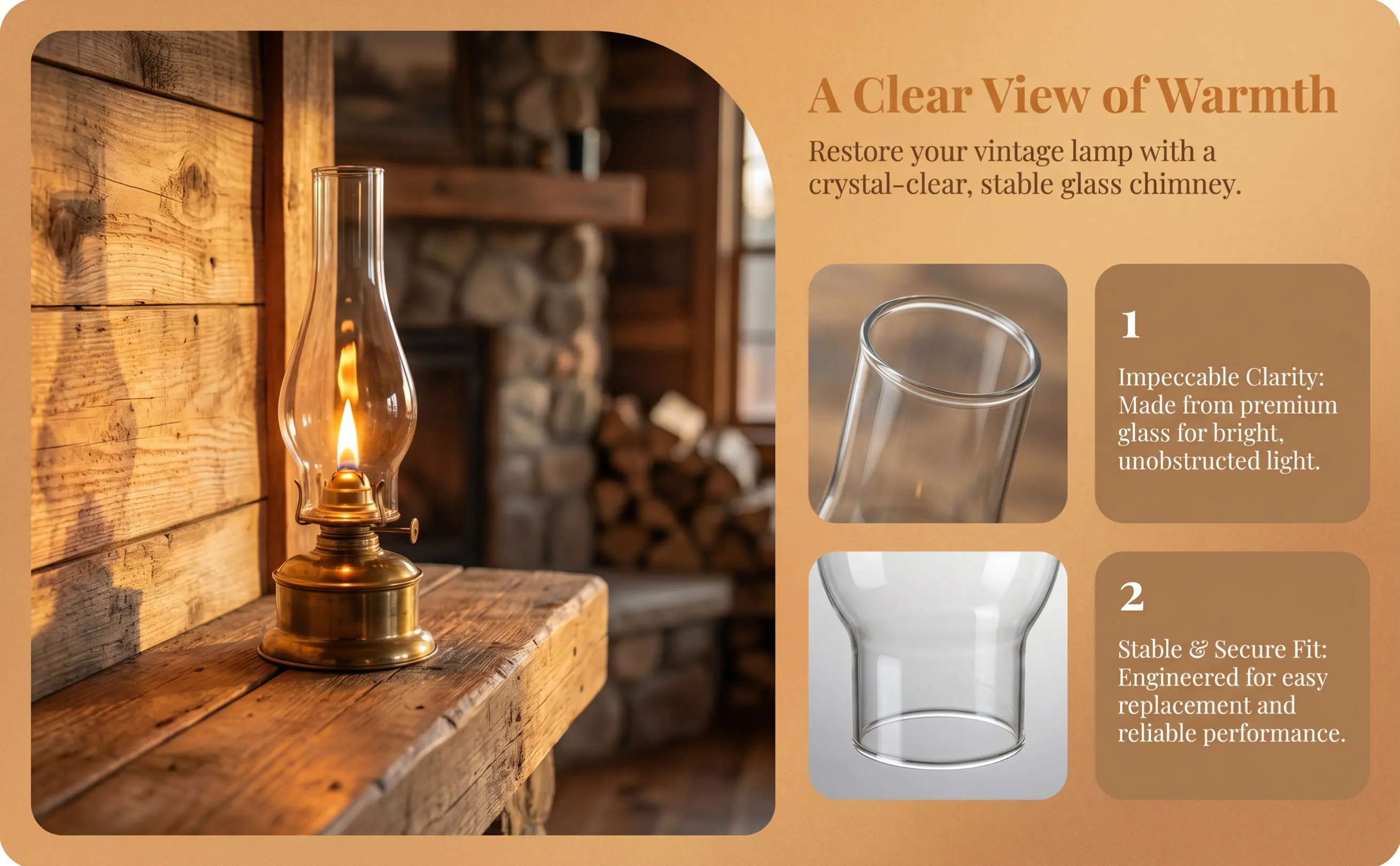 2Pcs Transparent Glass Oil Lamp Chimney Shade Replacement for Lamp Vintage Style Bright Lighting Warm Atmosphere
