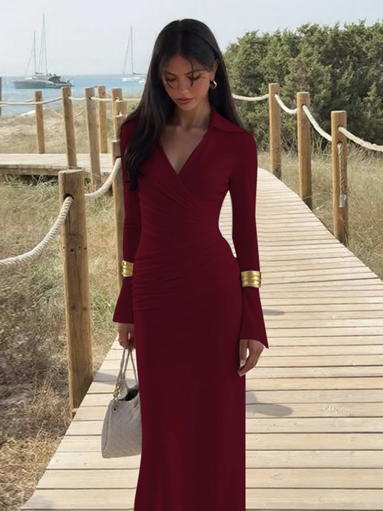 Dulzura outono mais recente moda turn-down colarinho manga longa ruched magro vestido longo feminino sexy roupas elegantes festa clube outfit