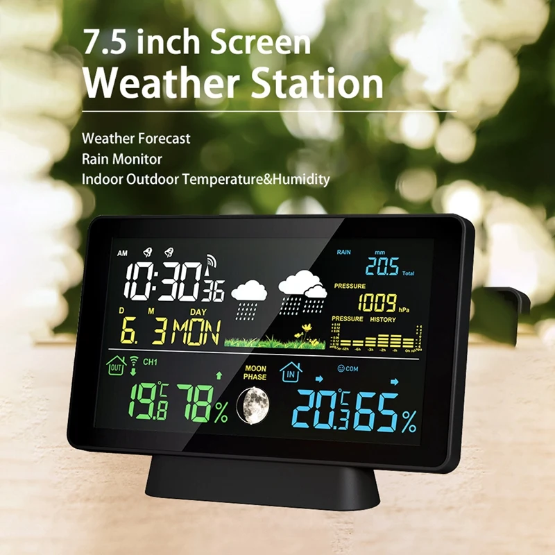 7.5 Inch Color LCD Wireless Weather Forecast Station Digital Thermometer Hygrometer Trend Barometer Moon Phase EU Plug Durable