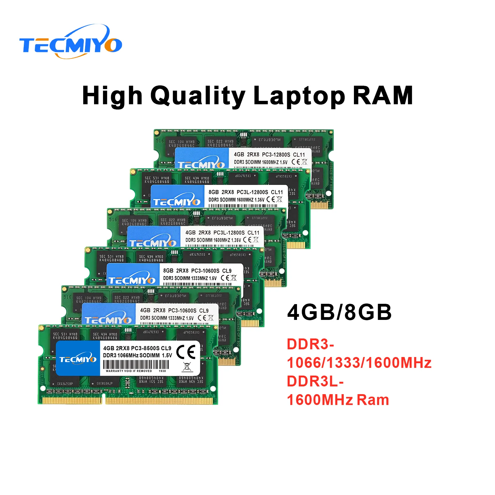 TECMIYO-memoria RAM para ordenador portátil, DDR3, DDR3L, 4GB, 8GB, 1600MHz, 1333MHz, 1066 V/1,35 V, PC3/PC3L-12800S, PC3-10600S, color verde, 1