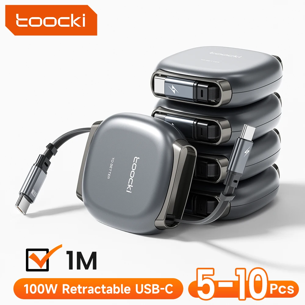 Toocki 5/10Pcs 100W Retractable USB C Cable TPE Flat Auto Coiling Adjustable Fast Charging Type C to C Cable for iPhone Samsung