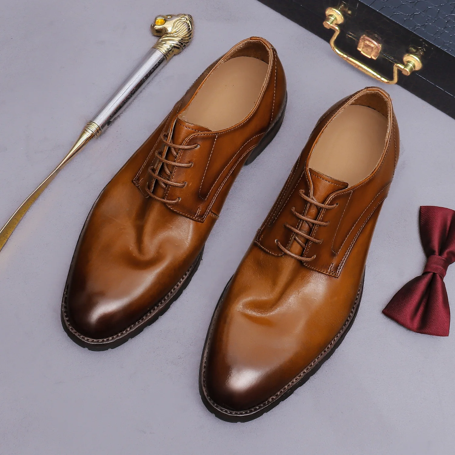 Handmade Heavy Washed Cow Leather Men Derby Shoes Welted Sole Elegant Business Formal Dress Shoes Versatile Office Wedding Shoes