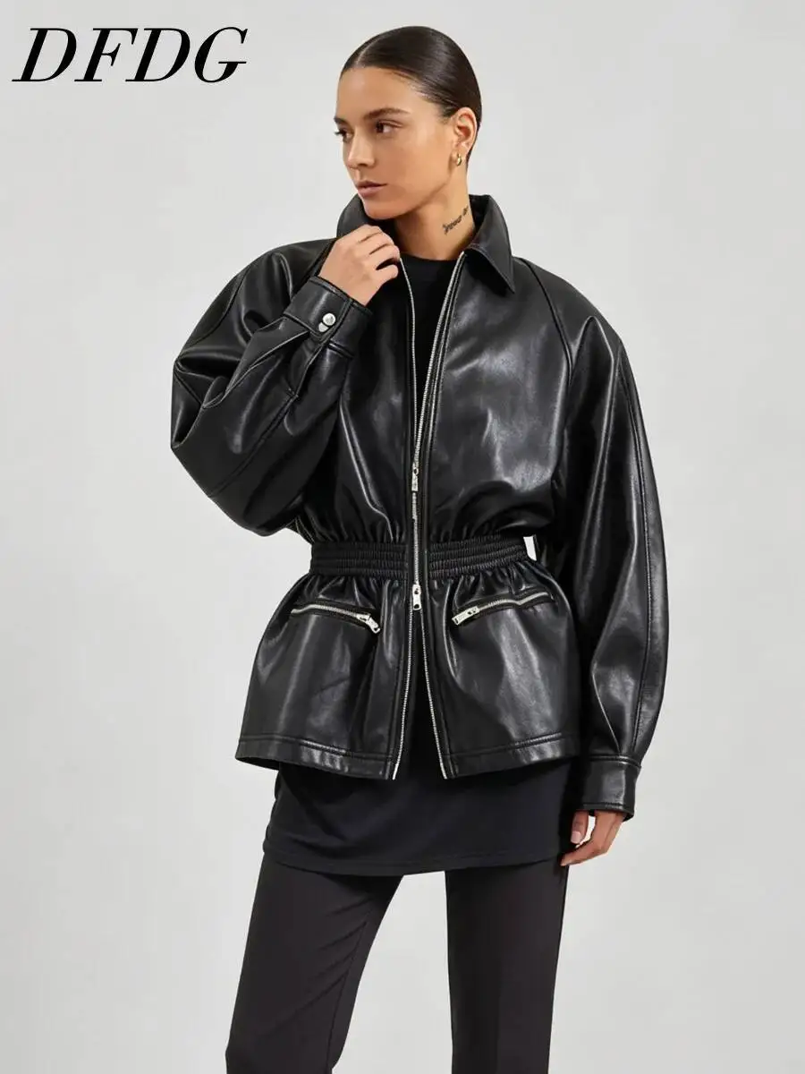 DFDG Chaqueta Moto Oversize de Piel Sintética para Mujer, Primavera Otoño 2026, con Cuello Solapa, Cintura Elástica, Bolsillos con Cremallera y Hombros Caídos, Estilo Casual