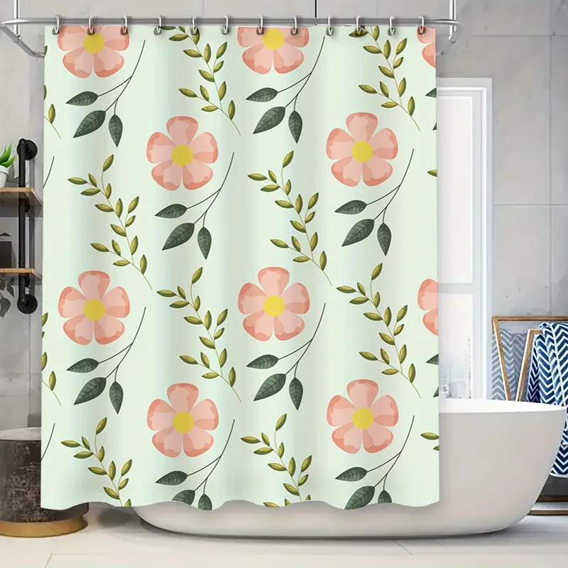 

Восхитная занавеска для душа с цветочным принтом и зелеными ветвями, розово-белый декоративный коврик для ванной с 3D принтом, чехол для аксессуаров для ванной комнаты Si