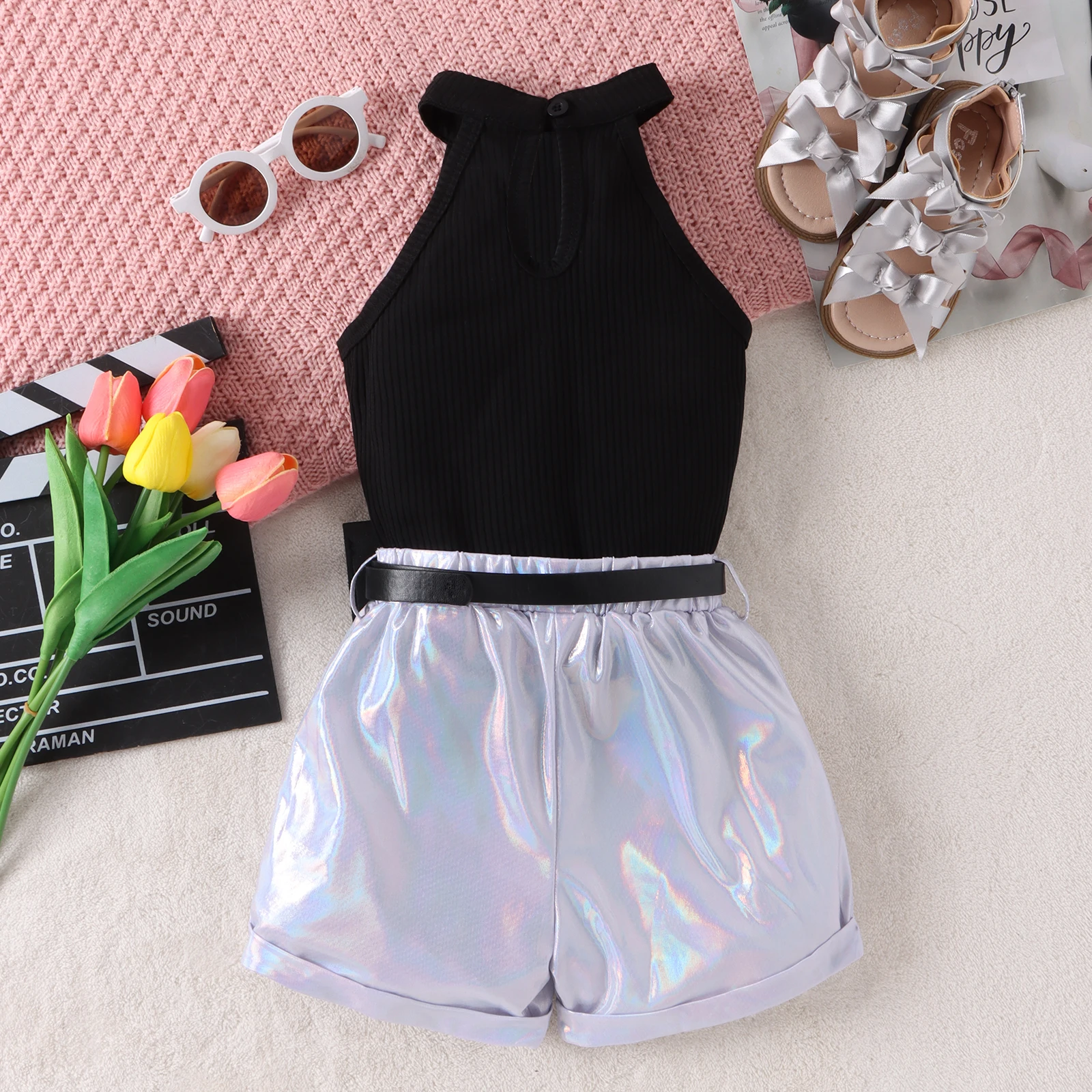 2PCS Summer 4-7 Years Old Baby Girls Soft Comfortable Cool Black Halter Top + Silver Shorts Minimalist Casual Suit