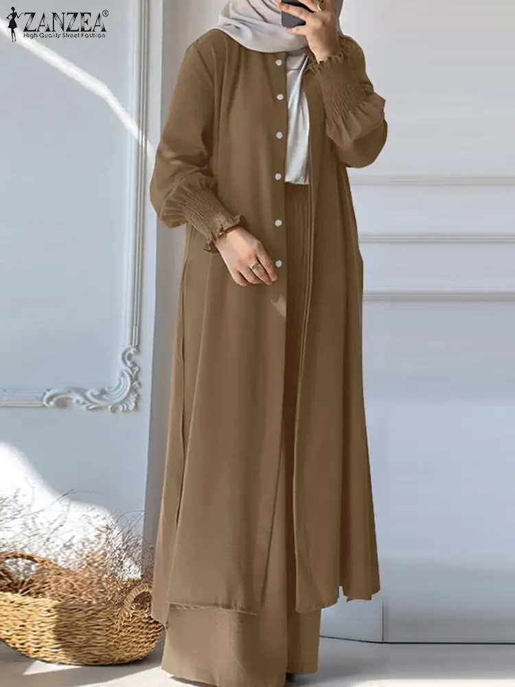 2024 ZANZEA Muslim Sets Women Vintage Long Shirt & Wide Leg Trousers Suit Eid Mubarek Abaya IsIamic Outfits Casual Tracksuits