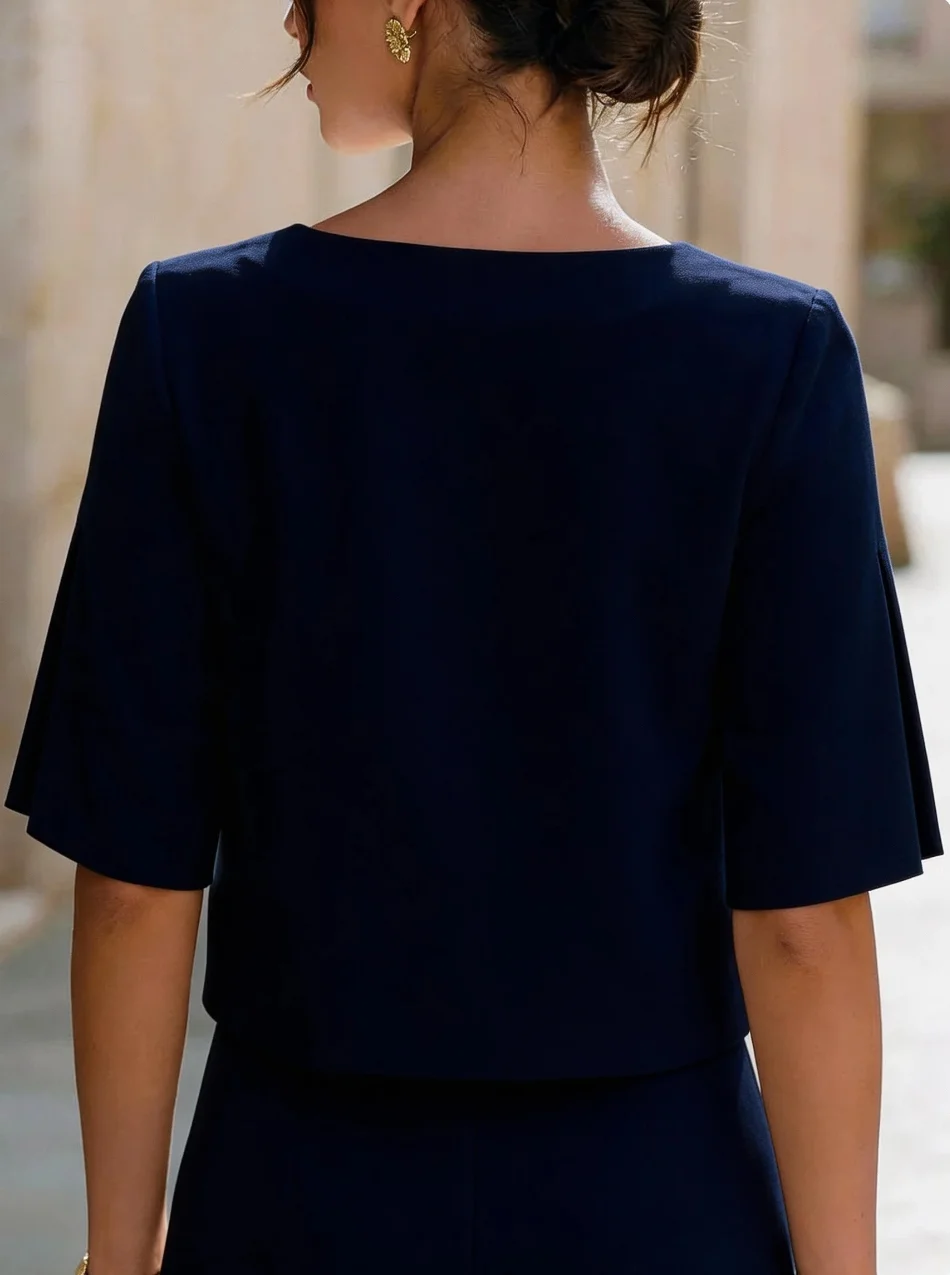 Damenbluse mit kurzen Ärmeln und geteilten Ärmeln, Rundhalsausschnitt, elegantes Büro-Outfit, lässiges Sommer-Mode-Shirt – Detail 10