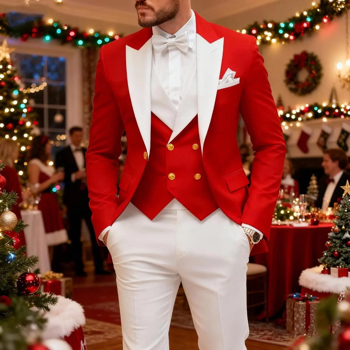 

Мужской костюм-тройка Slim Fit: двубортный пиджак, жилет и брюки для свадьбы, выпускного вечера и торжественных мероприятий