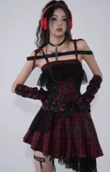 WSW Original Design Gothic Y2k Red Black Plaided Dress Slip Dress Punk Rock Grunge Cake Dress Sweet Lolita Vestidos Mujer