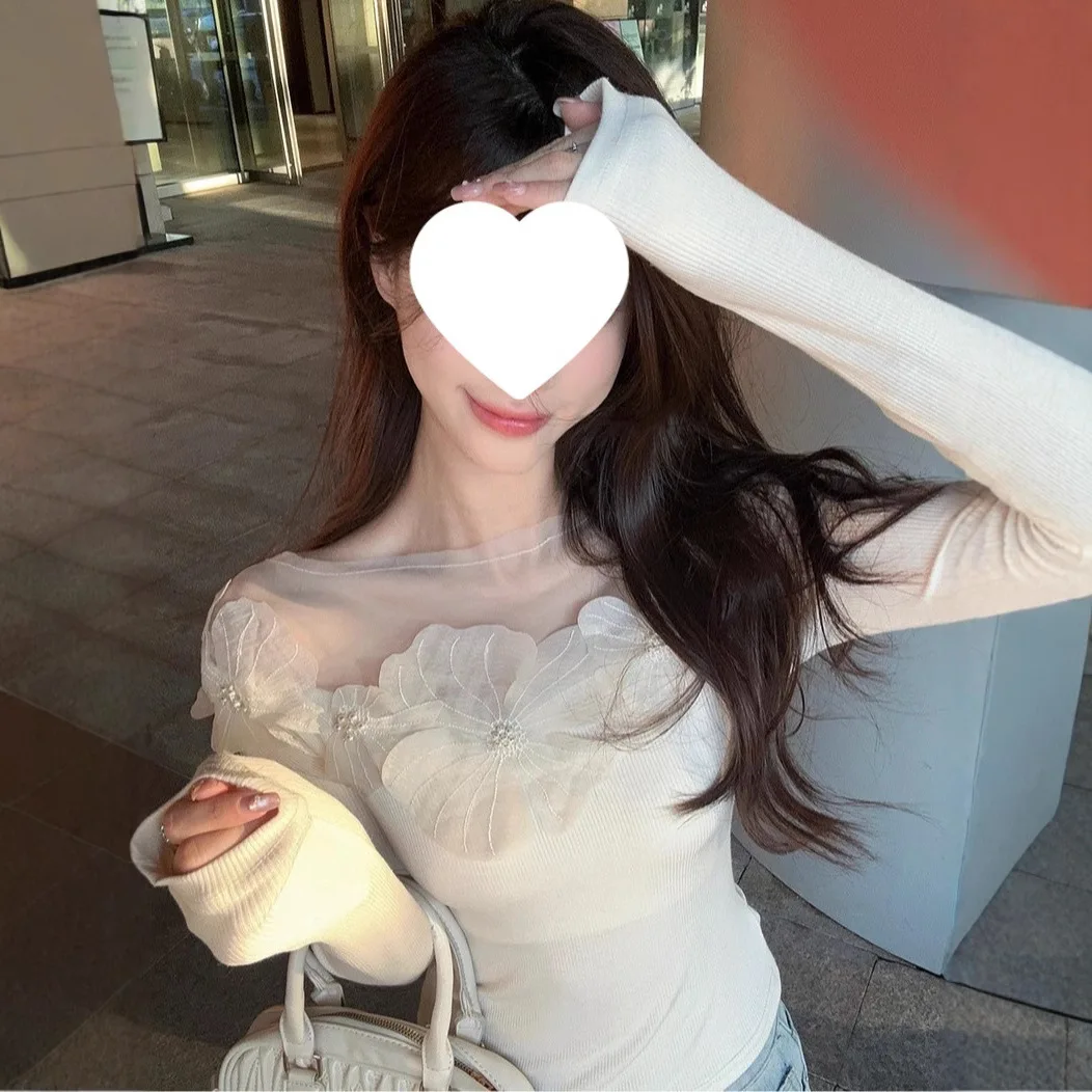 

2025 сетчатый лоскутный вязаный свитер с цветочным принтом для женщин, осенний трикотаж с длинными рукавами, облегающий пуловер в корейском стиле, топ wh5