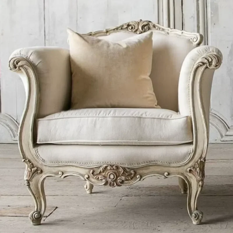Rustic style Solid wood frame sofa for living room vintage and aged single sofa carved wooden leisure chair