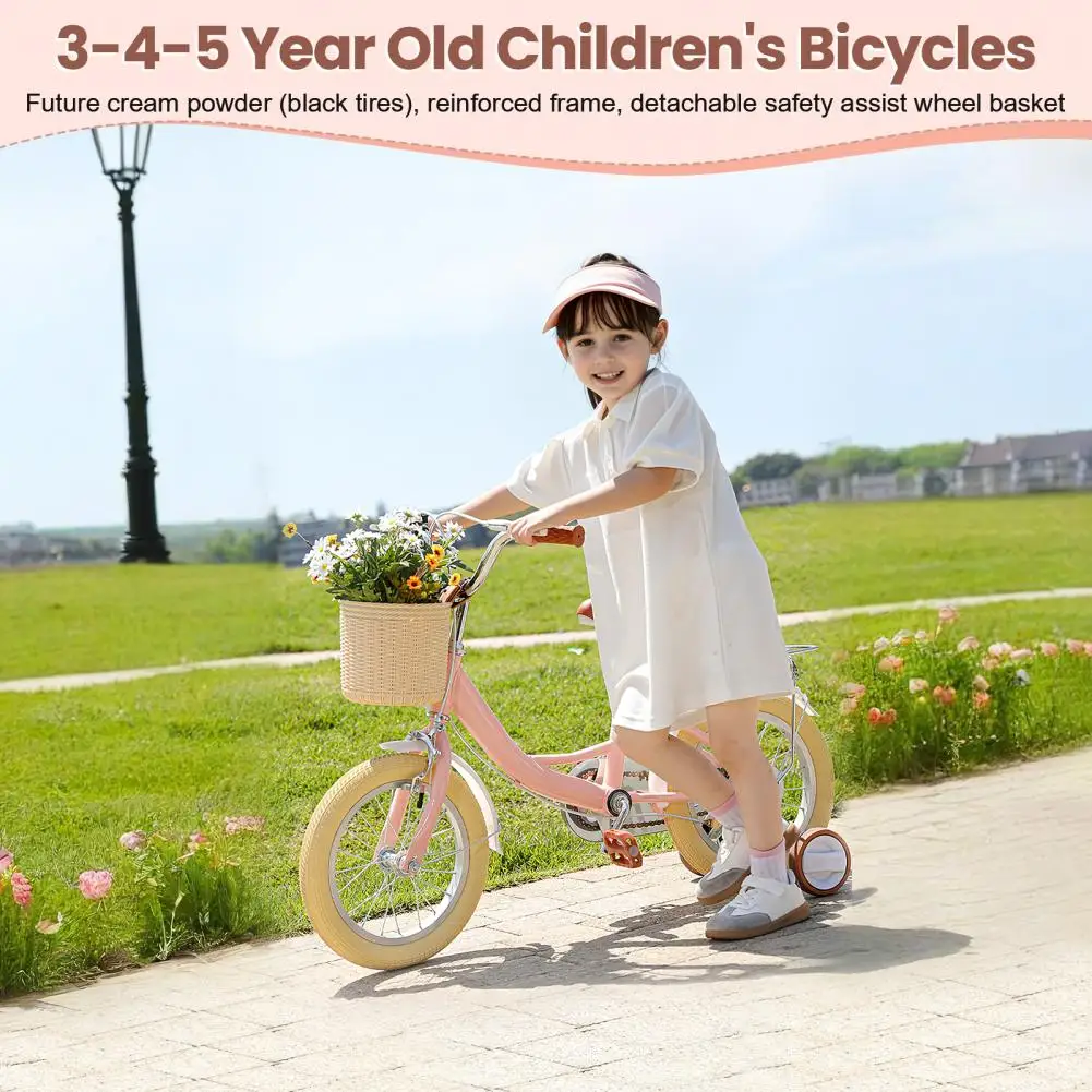 

12 Inch Children Bicycle with Assist Wheels, Storage Basket, Height Adjustable Toddler Bike for 3-5 Years Old Boys Girls