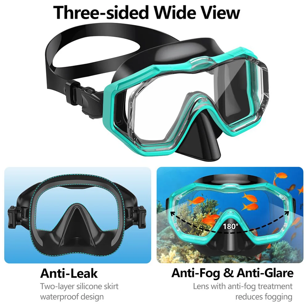 Snorkel Mask Set Scuba Diving Swimming Goggles 3 Windows Panoramic Wide View HD Dry Top Anti-Leak Anti-Fog For Adults and Kids