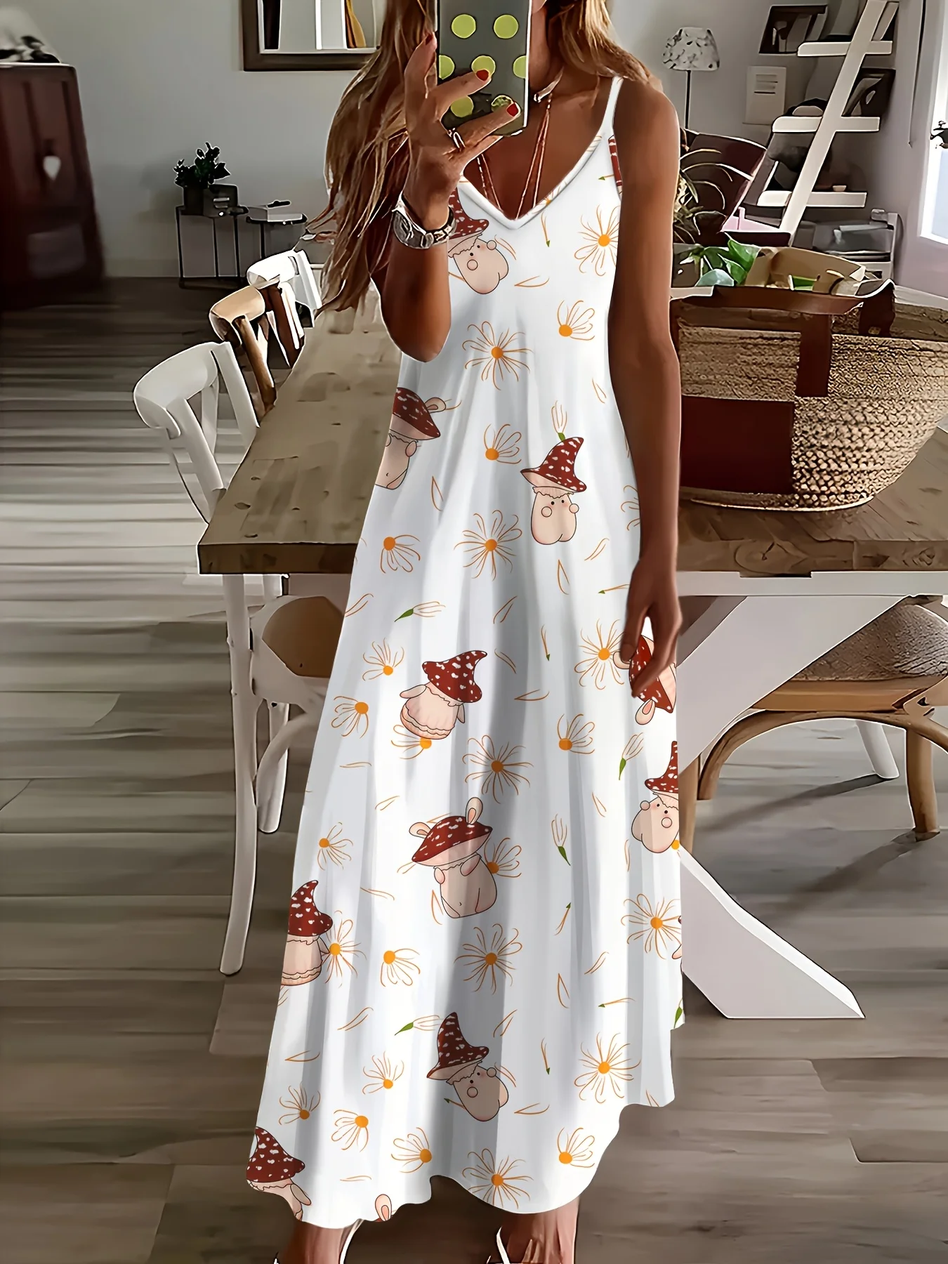 

Printed Design Casual Statement Little Daisy Mushroom Full Slip Dress