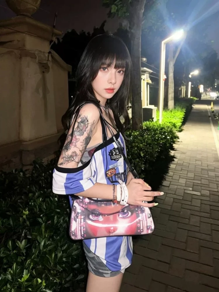 HOUZHOU Y2k 여성용 빈티지 스트라이프 티셔츠, 미국 레트로 그런지 캐주얼 스트리트웨어, 섹시한 오버사이즈 티 탑, E-girl 여름 2024