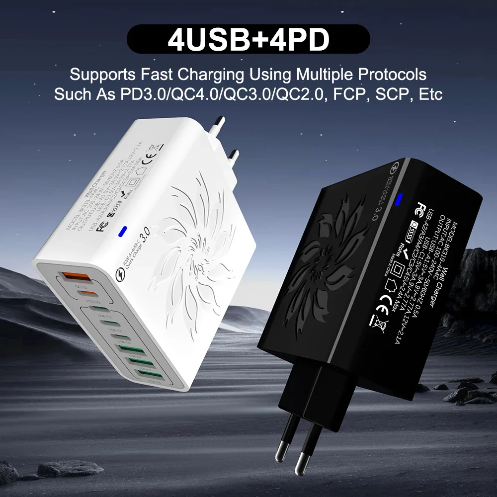 8 Ports Total 65W USB Charger Fast Charging Type C Charge Power Adapter Quick Charger USB QC3.0 Wall Travel Super Fast Charger