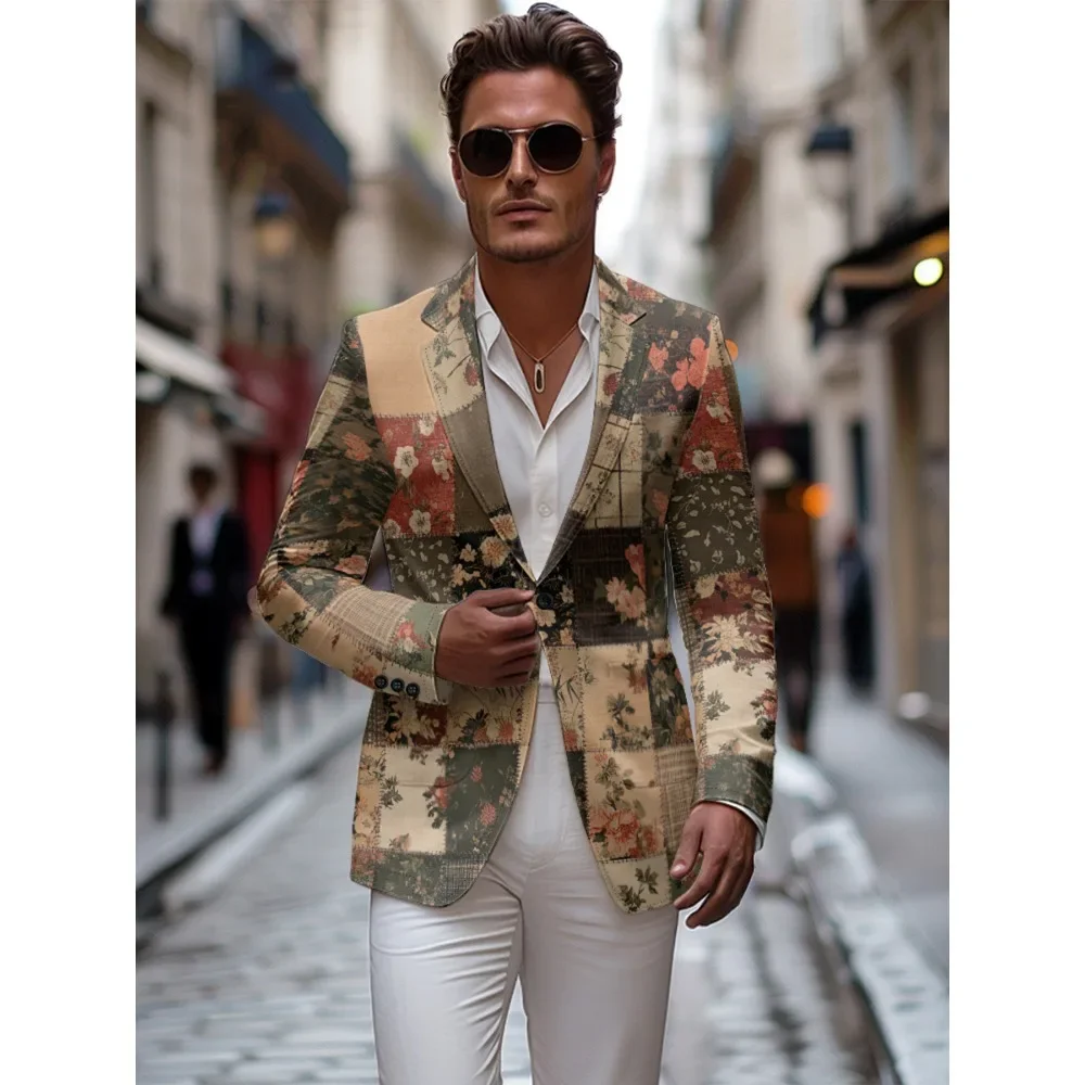 

Floral Patchwork Print One Buttons Blazer Mens Casual Sport Coat Lightweight Business Jacket Slim Fit Blazers Suit Plus Size 9XL