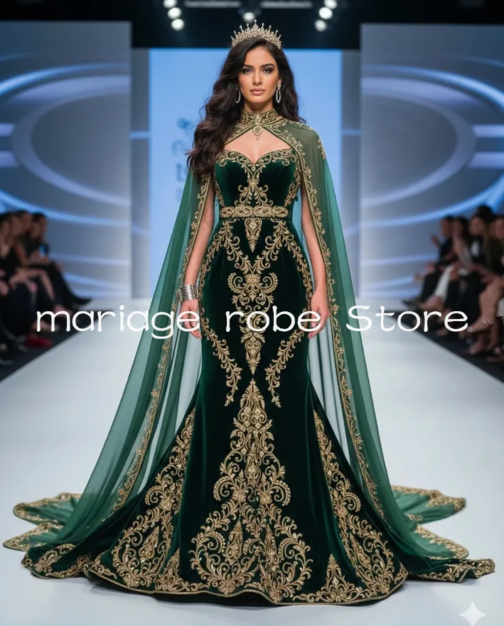 Vestidos de fiesta Karakou argelinos de terciopelo verde esmeralda con capa y apliques dorados, vestido de noche tradicional personalizado