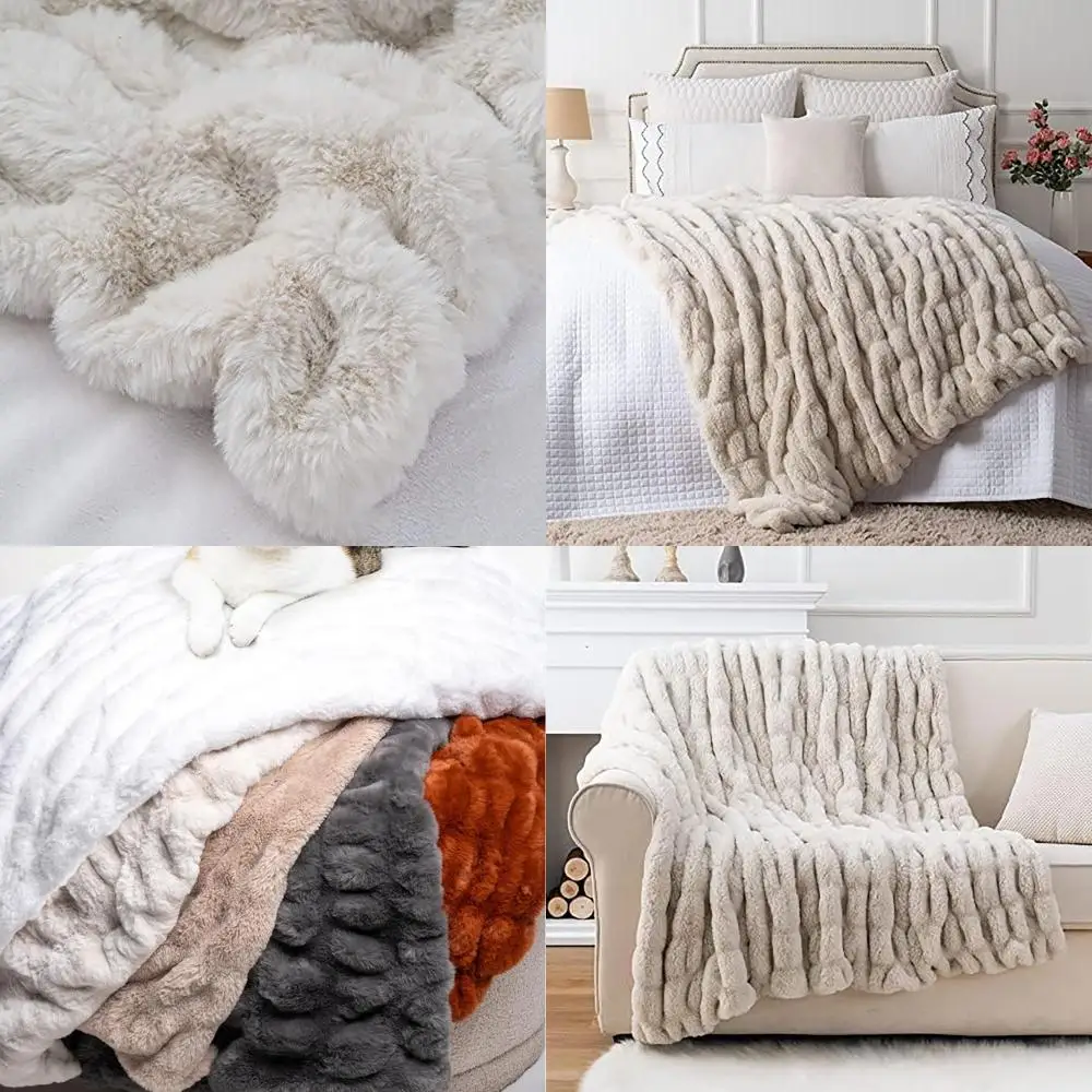 

60x80 Soft Beige Faux Rabbit Fur Throw, Elegant Gathered Style, Machine Washable, Lightweight Couch Blanket