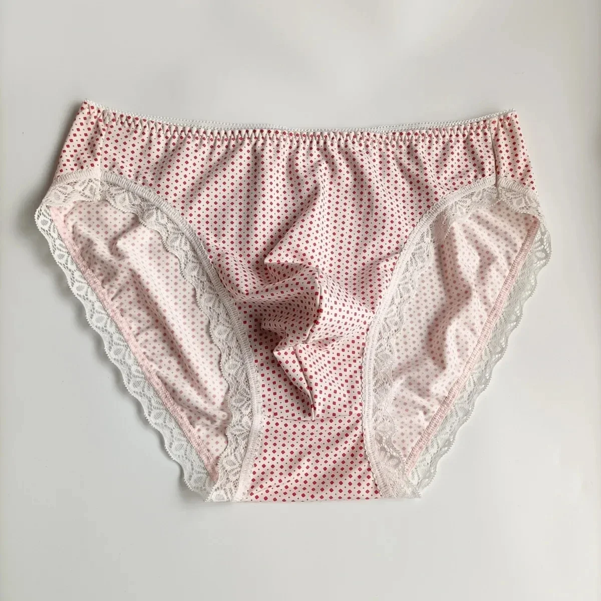 

Man Sexy Lace Dots Milk Silk Soft Briefs Feminization Low Waist Panties BF Gift