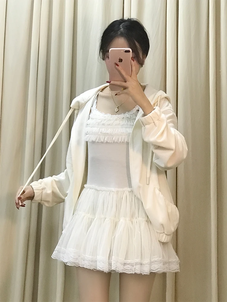 Niedlicher Bären-Hoodie Ort Jaet Me Strap Puffy Rock Zweiteiliges Set Damen Frühherbst Faion Outfit Atmungsaktiv Bequem